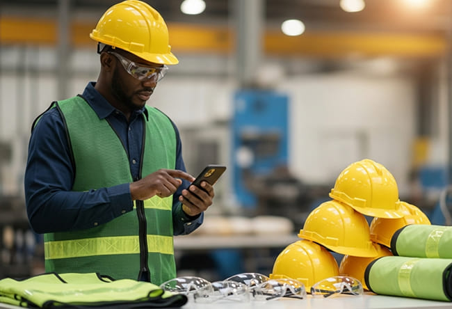 profissional organizando estoque de EPI com app GST