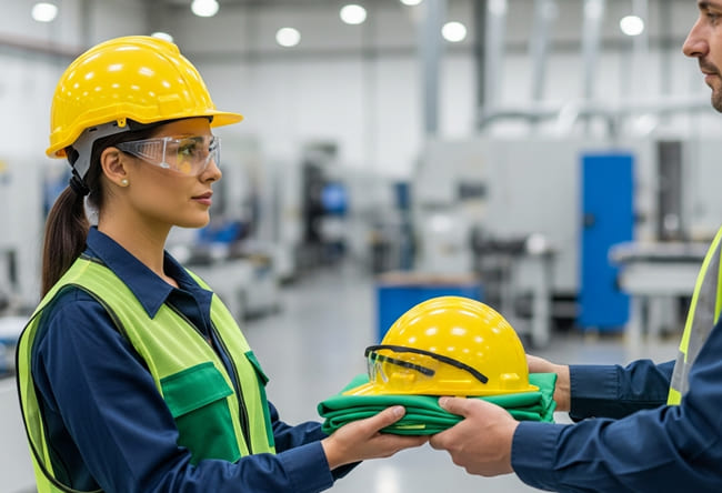 profissional recolhendo equipamento epi de um funcionario